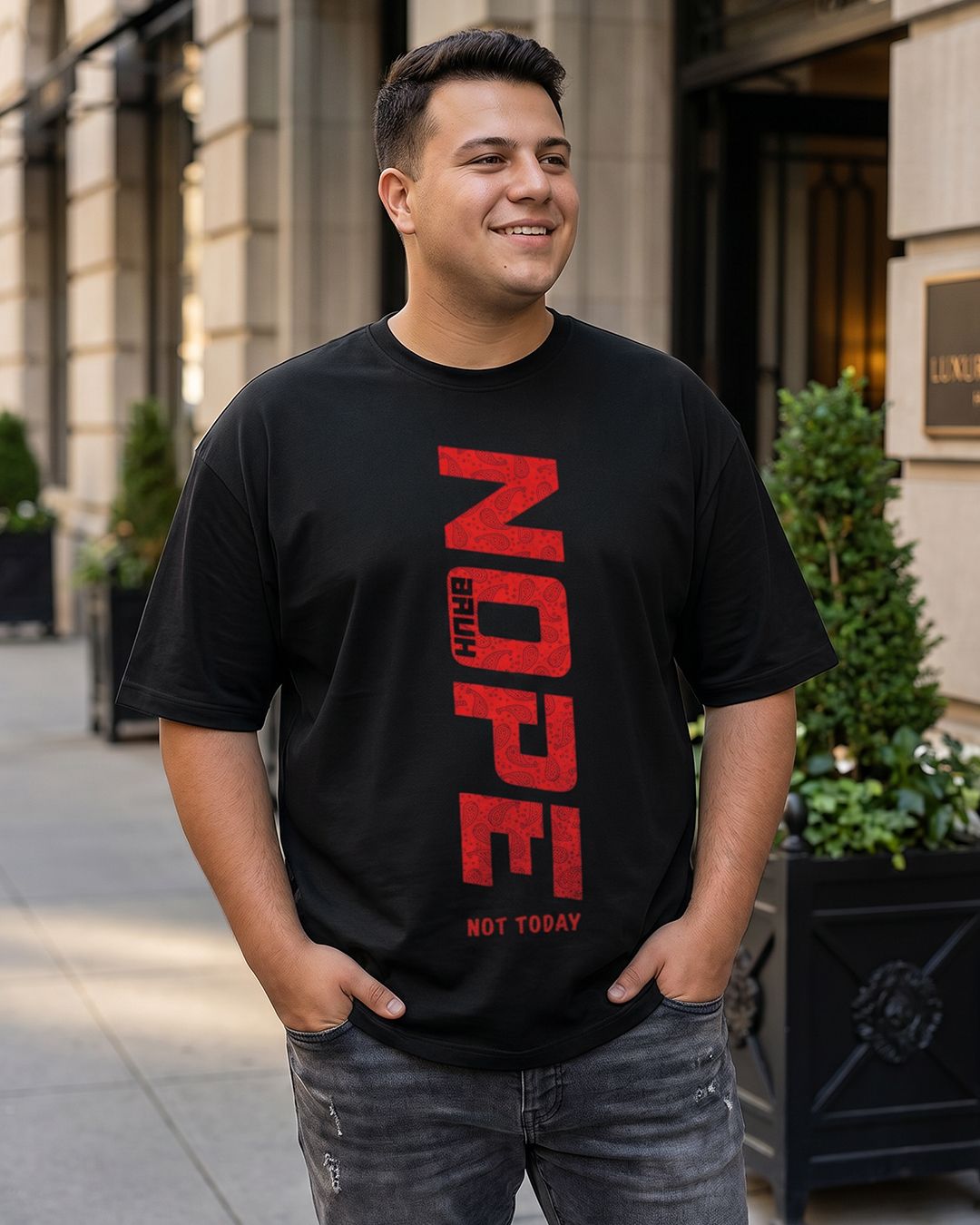 Men's Jet Black Nope Bruh Typography Oversized Plus Size T-shirt