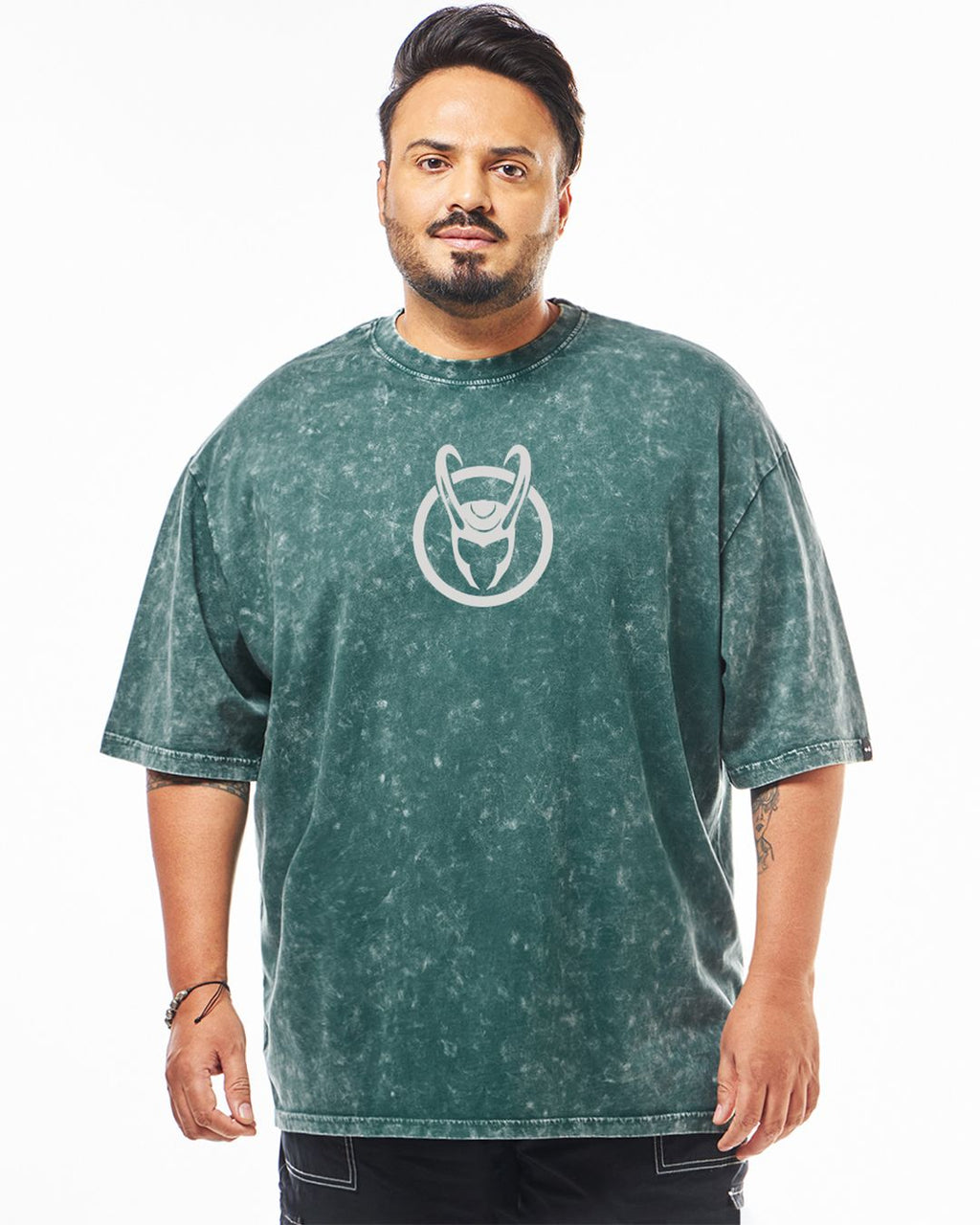 Men's Dark Sea Green Loki Graphic Printed Oversized Plus Size Acid Wash T-shirt