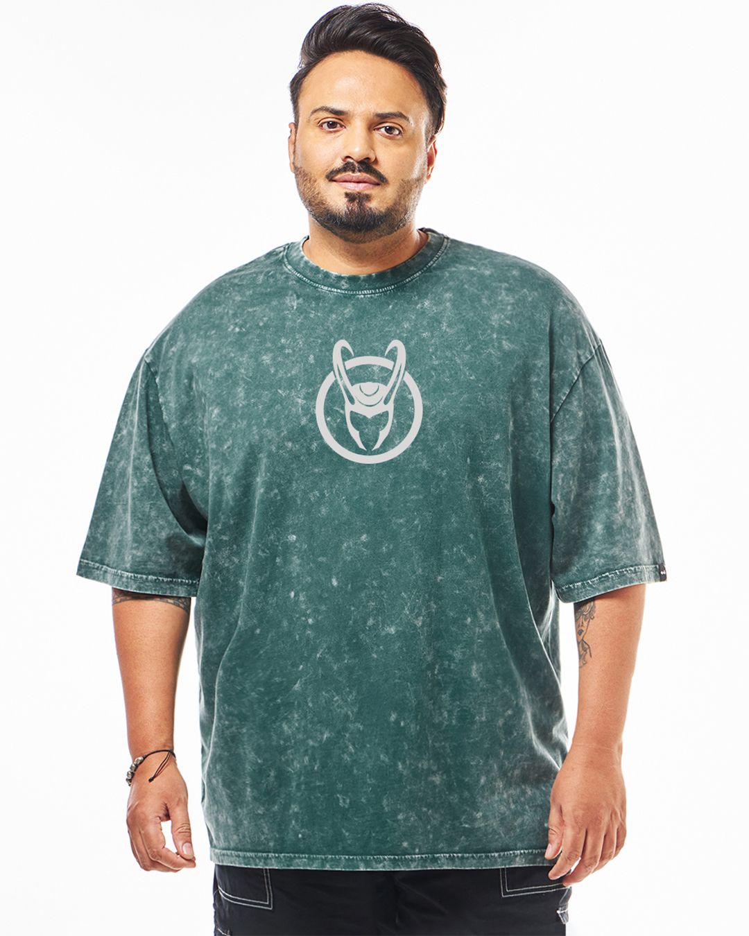 Men's Dark Sea Green Loki Graphic Printed Oversized Plus Size Acid Wash T-shirt