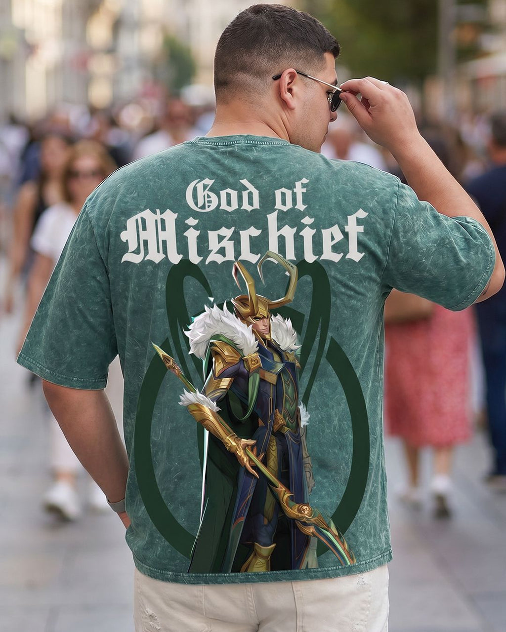 Men's Dark Sea Green Loki Graphic Printed Oversized Plus Size Acid Wash T-shirt