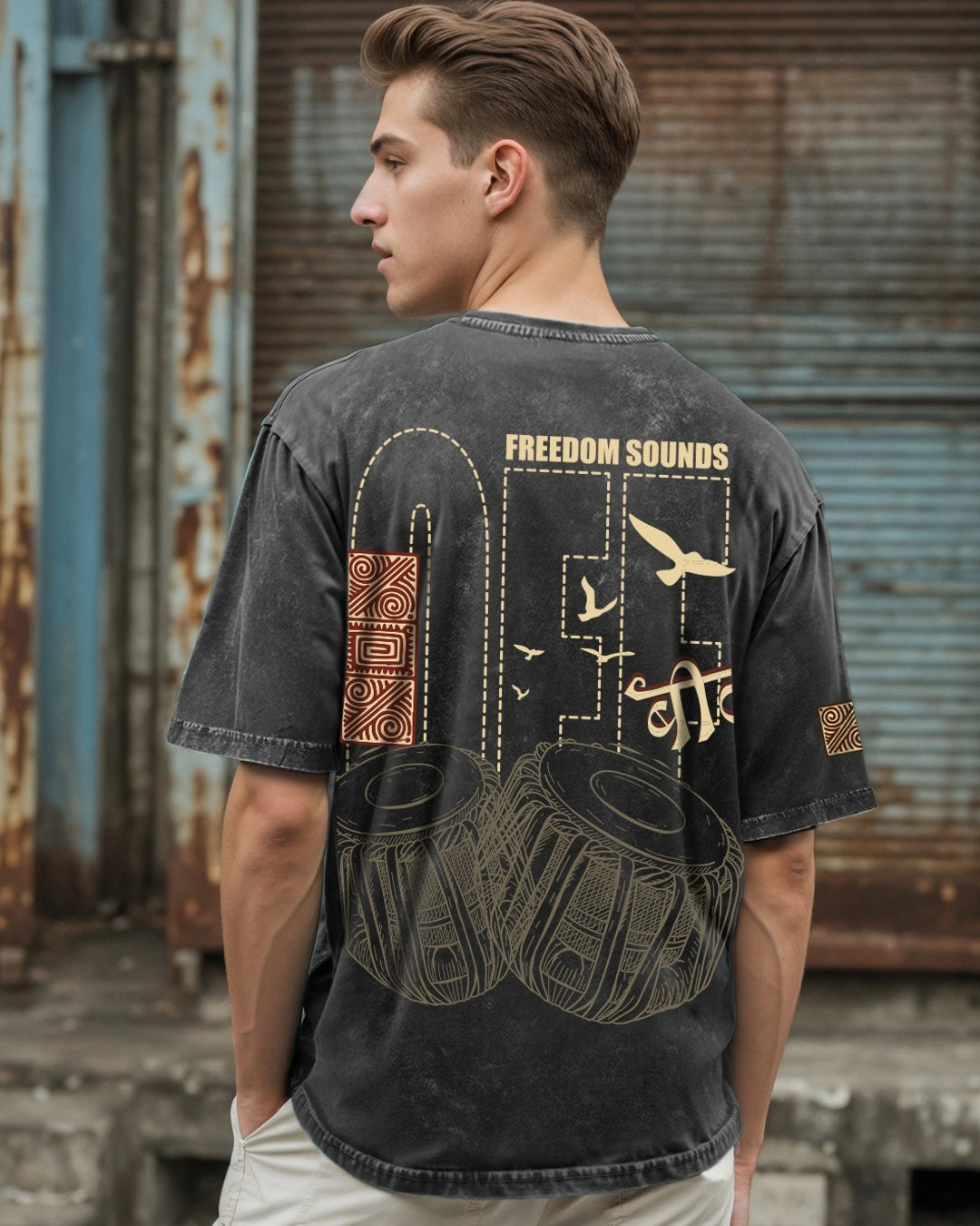 Men's Black Freedom Sounds Graphic Printed Oversized Acid Wash T-shirt