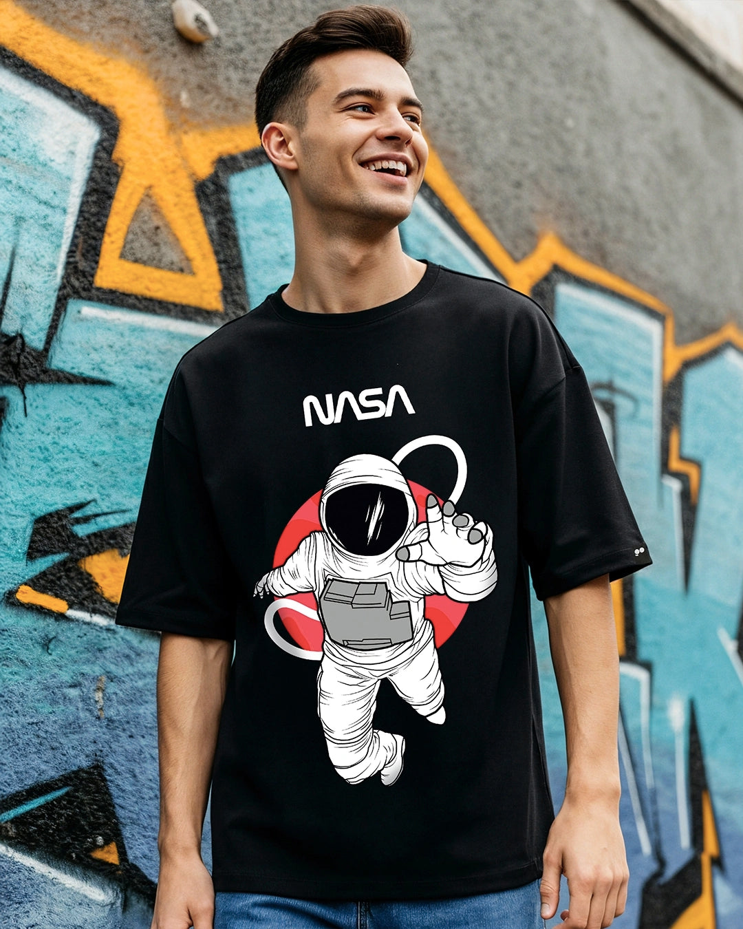 Men's Black NASA Astronaut Graphic Printed Oversized T-shirt