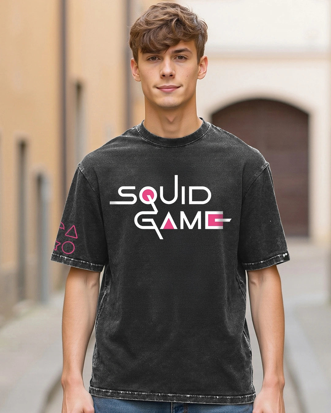 Men's Black Squid Game Graphic Printed Oversized Acid Wash T-shirt 2