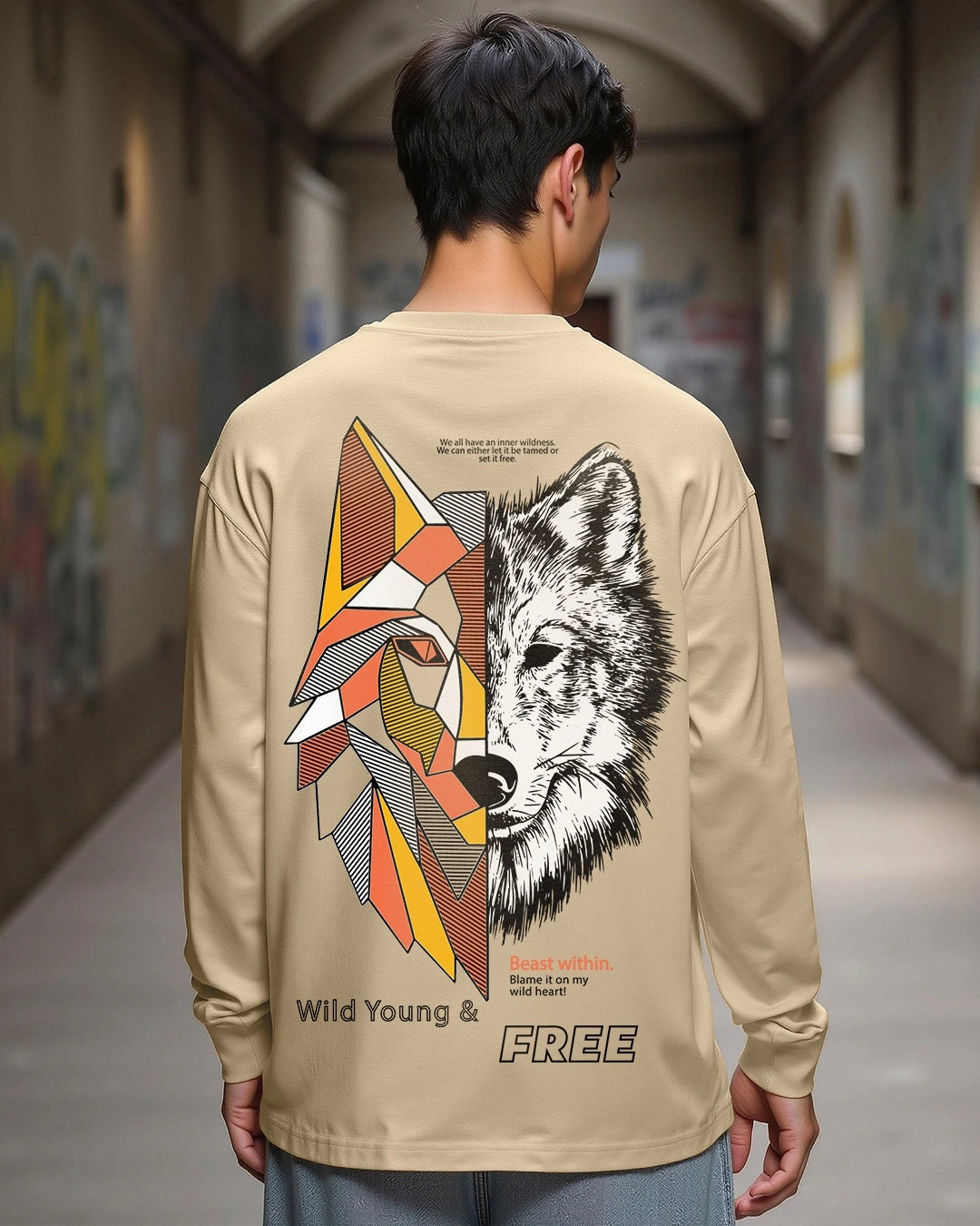 Men's Brown Beast Within Graphic Printed Oversized T-shirt