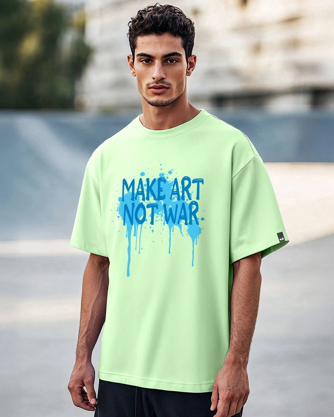 Men's Jade Lime Green Make Art Not War Graphic Printed Oversized T-shirt 1